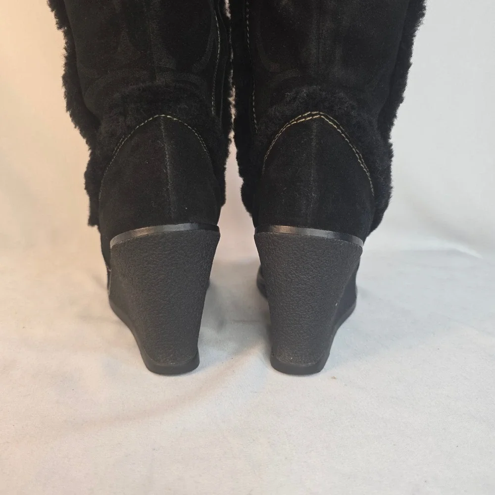 Coach Jonie Black Suede Signature Monogram Wedge Boots Womens 6.5M